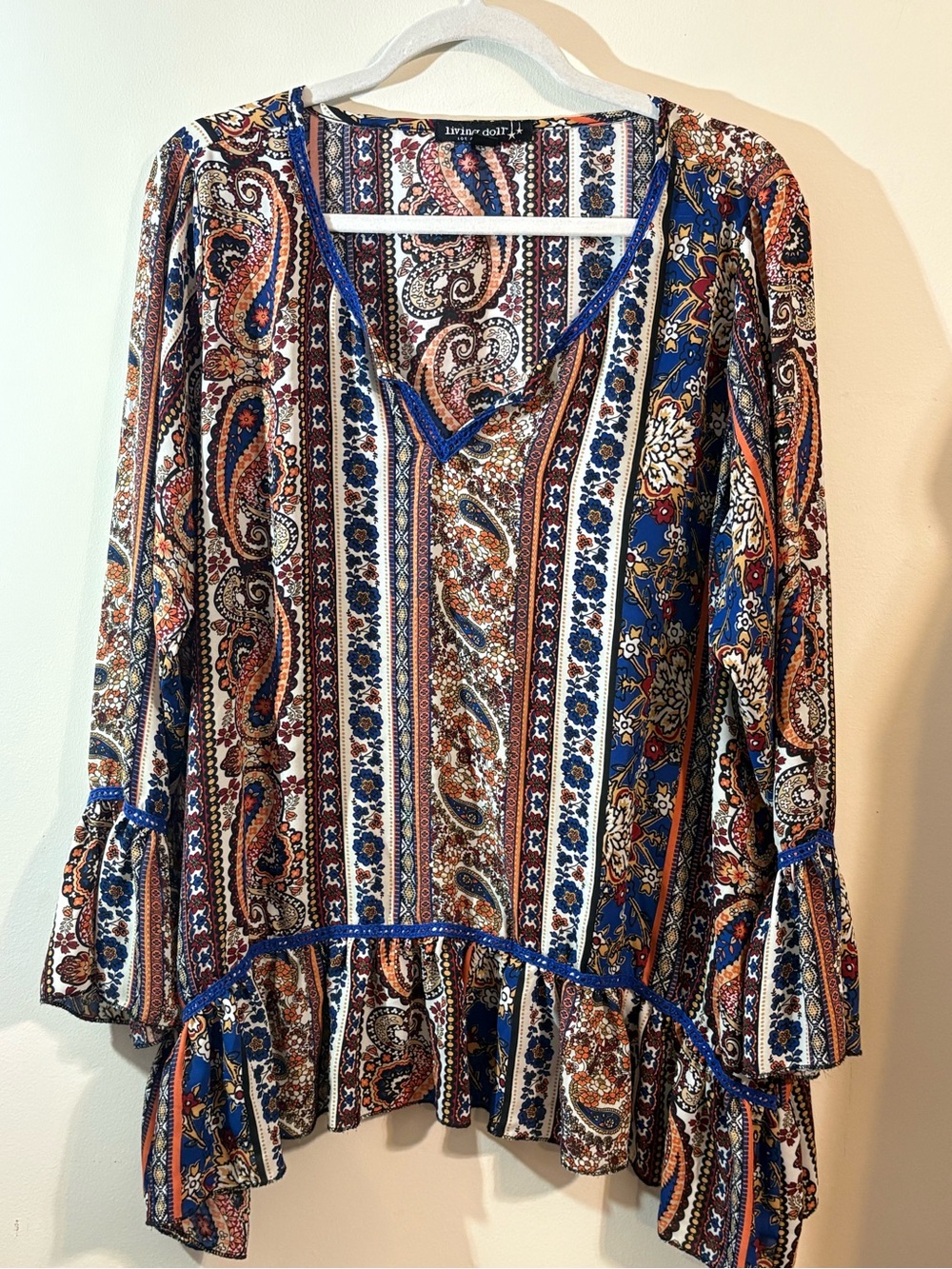 Living Doll blouse bohemian peasant women’s 1X blue paisley ruffle bell sleeves